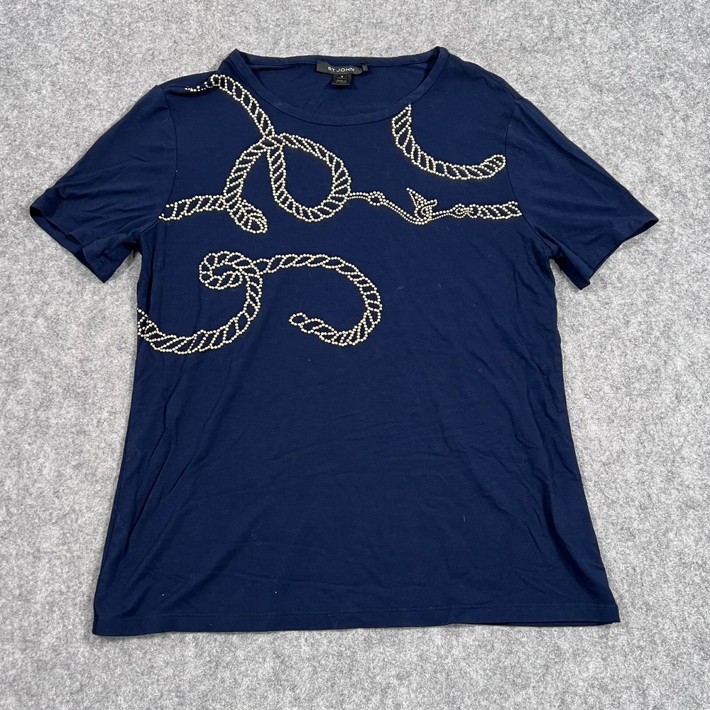St. John‎ Navy Blue Studded Rope Swirl Soft Wash Jersey Tee Women's Size Small